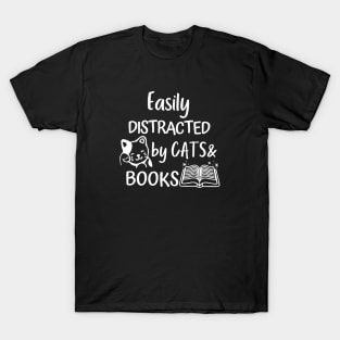 Cats And Books Easily Distracted By Kitten Lover Reading T-Shirt